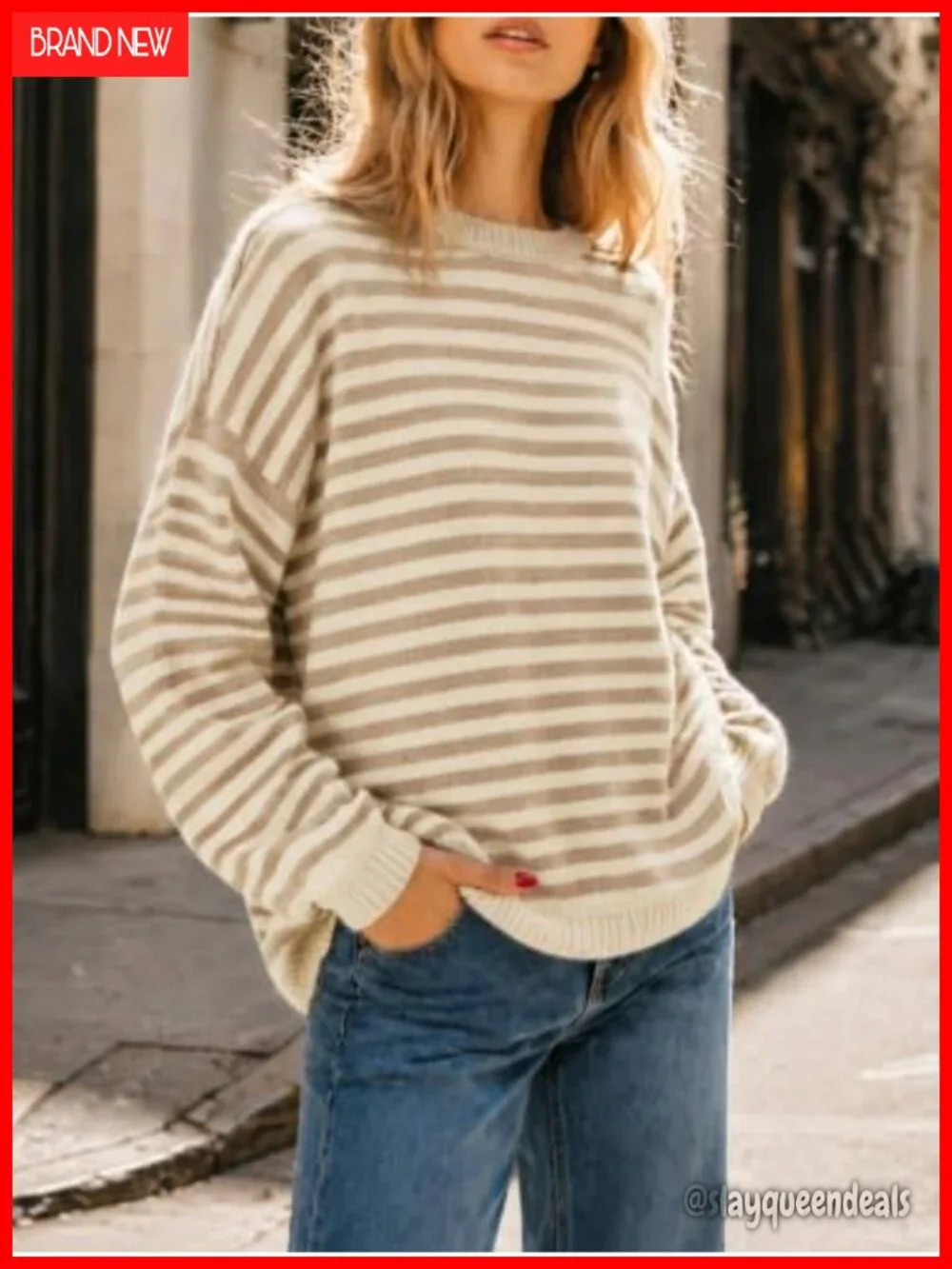 Oversized Striped Knit Crew Neck Long Sleeve Pullover Sweater